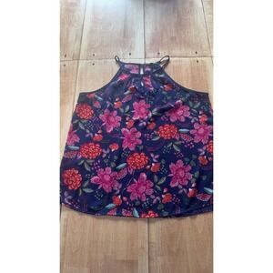 Papermoon Navy Blue Floral Halter Tank Top with Keyhole Cutout Neckline Medium